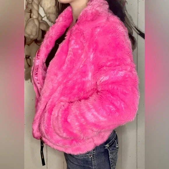 Y2K JUICY COUTURE black label day glo pink Moto faux fur coat SIZE SMALL - Picture 3 of 5